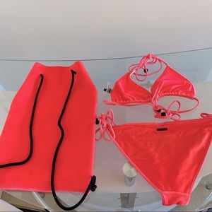 Pink velvet Triangl bathing suit with matching bag